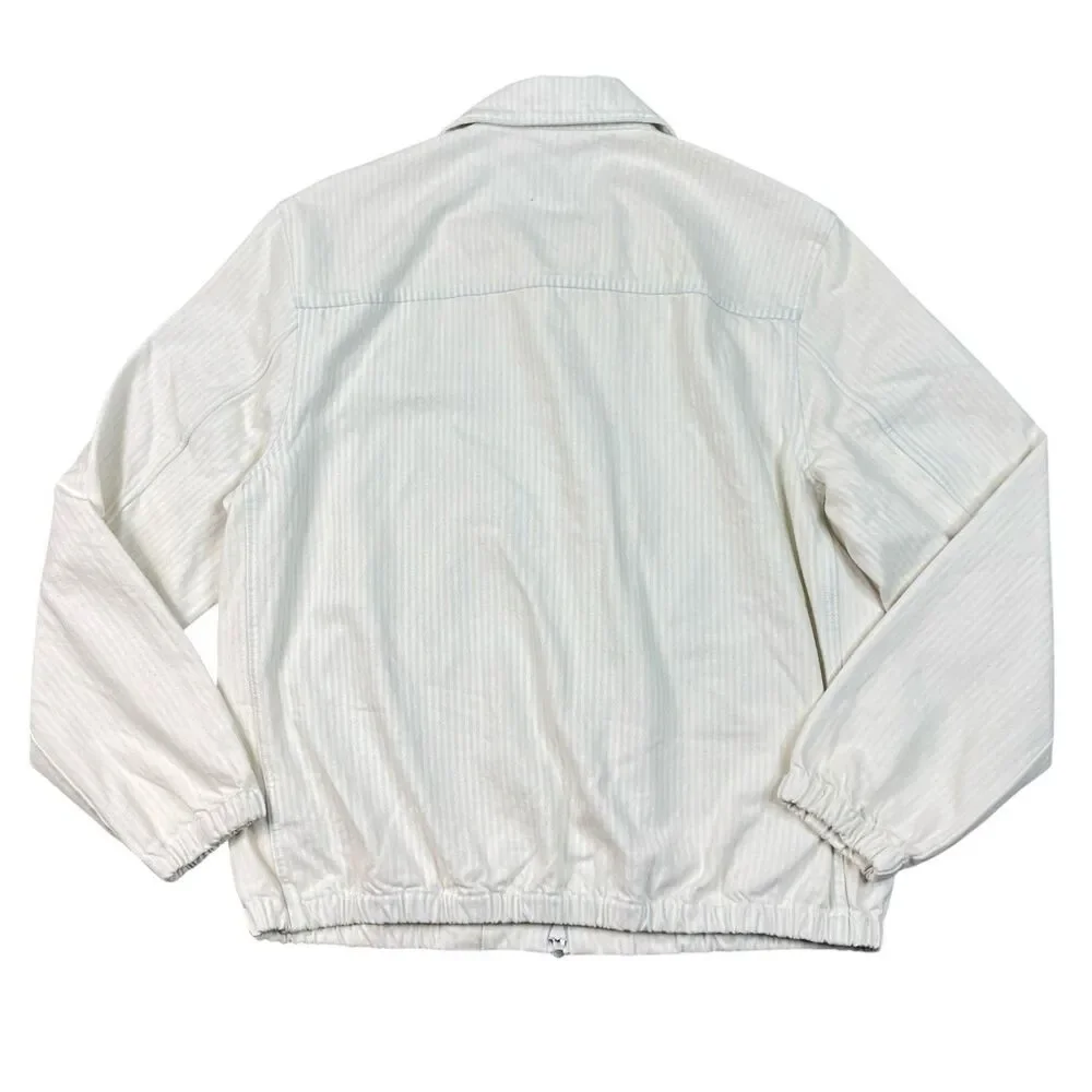 J Crew Harrington Striped Jacket Mens M White Blue Zip Layering CR129